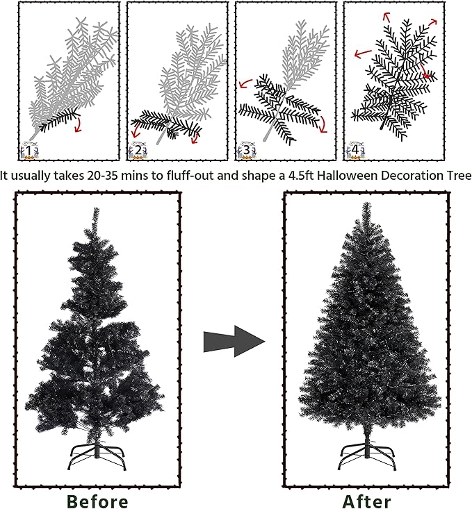 Yaheetech 4.5ft Pre-lit Halloween Black Spruce Artificial Hinged Christmas Pine Tree Prelighted Xmas Tree for Home Party Holiday Decoration with 150 Clear Warm White Lights and 324 Branch Tips, Black