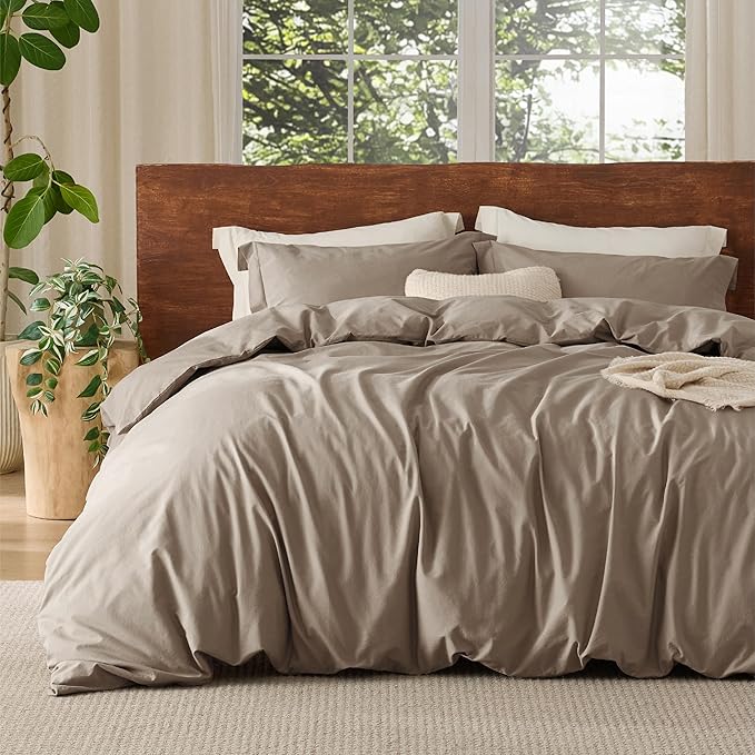 Bedsure 100% Washed Cotton Duvet Cover Oversized Queen - Light Brown Minimalist Cotton Duvet Cover for All Seasons - GentleSoft™ Plain Simple Bedding, 3 Pieces (Light Brown, Oversized Queen, 98"x98")