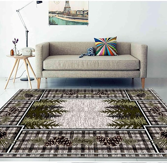 Vintage Buffalo Plaid Area Rug, 3x4ft, Rustic Cabin Pine Cone Pattern Rug, Country Lodge Nature Plants Rugs, Soft Floor Rug Non-Skid Carpets for Living Room Farmhouse Indoor Floor Mat