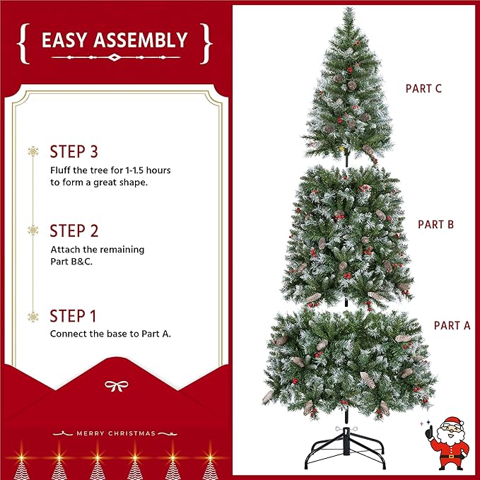 Yaheetech 6ft Pre-lit Frosted Artificial Hinged Christmas Tree with 818 Flocked PVC Tips,62 Pine Cones,62 Holly Berries & 250 Warm White Lights,Foldable Stand,Green