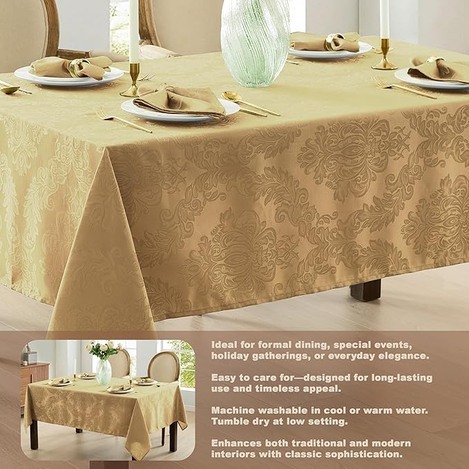 Newbridge Barcelona Damask Fabric Tablecloth, 60 x 102 Inch Rectangle, Gold – No Iron, Soil Resistant Table Cover for Dining, Parties and Holidays