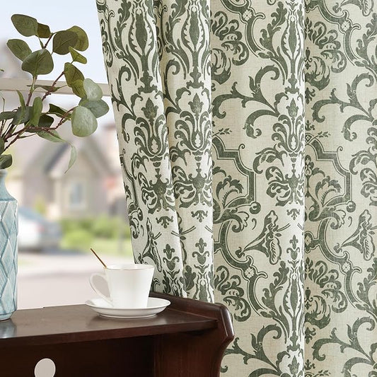 jinchan Extra Linen Curtains for Living Room Moss Green Damask 108 Inches Long for Bedroom Light Filtering Vintage Curtains 9FT Long for Drapes Grommet Window Treatments 2 Panels Set