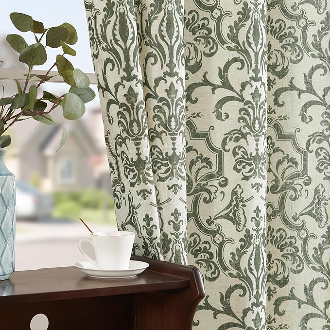 jinchan Linen Curtains for Bedroom & Living Room - Moss Green Damask Patterned Curtains, 63 Inch Length, Light Filtering, Vintage Baroque Style Drapes with Grommet Window Treatments - 2 Panels Set