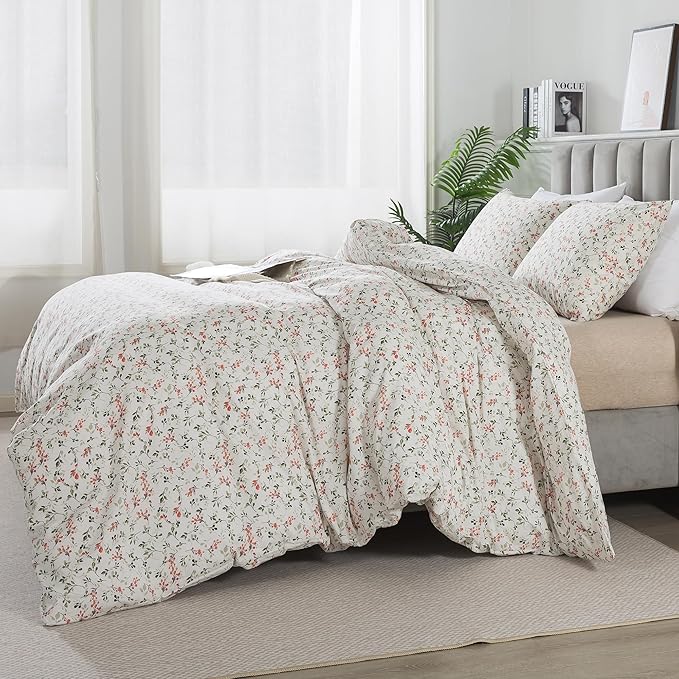HoneiLife Duvet Cover Queen Size - Cotton Comforter Cover Floral Duvet Cover Sets 3-PC, Soft & Breathable Duvet Cover with Zipper Closure & Corner Ties, Wildflower Comforter Cover Sets, Red Bean