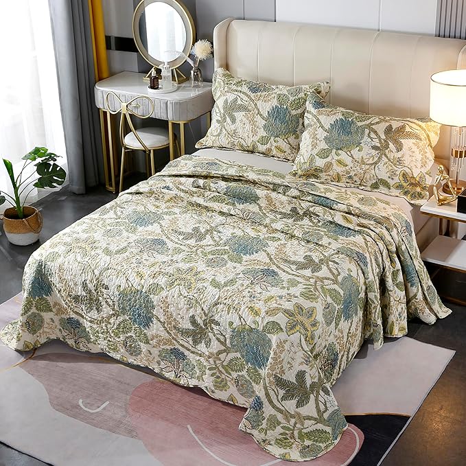 DURLENGEN Forest 100% Cotton King Quilt 3Pcs,Bohemian Reversible Leaves & Flowers Pattern on White, Luxury Lightweight Coverlet Sets for All Season(King 106x96,Forest)