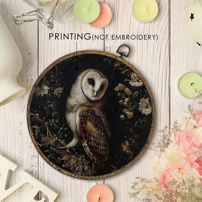 KFXHANGD Gothic Owl Round Wall Art Framed, Dark Cottagecore Owls Canvas Wall Art Decor, Witchy Owls Floral Hanging Decor for Bedroom Bathroom Living Room, Owl Lover Gifts, 10x10inch