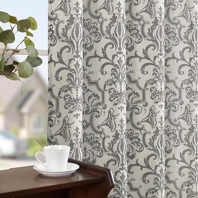 Jinchan Extra Long Linen Curtains for Living Room - Grey Damask Patterned 96 Inches Long for Bedroom - Light Filtering Vintage 8FT Drapes With Grommet Window Treatments - 2 Panels Set