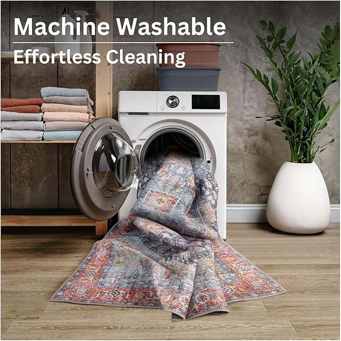 Bloom Rugs Washable Non-Slip 8' x 10' Rug - Terracotta/Blue Traditional Medallion Area Rug for Living Room, Bedroom, Dining Room, and Kitchen - Exact Size: 8' x 10'