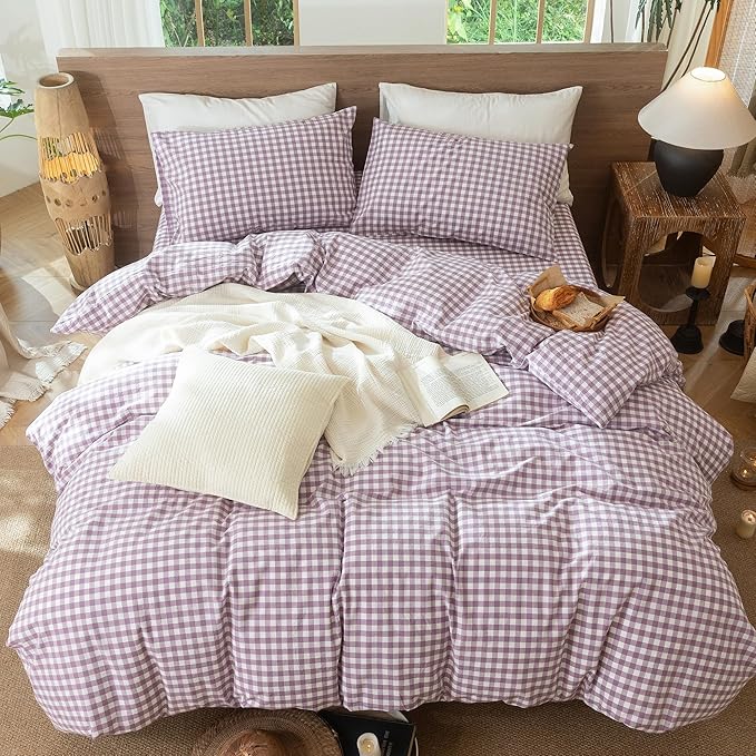 MooMee Gingham Duvet Cover Set 100% Washed Cotton Linen Like Textured Breathable Durable Soft Comfy Modern Checkered Design (Buffalo Plaid Tannish Linen Grey, Queen 90"x90")