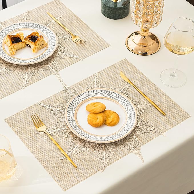 BACKTOEDEN Placemats Set of 6 Heat Resistant Washable Wipeable Placemat Woven Non-Slip Foldable Vinyl/Plastic Place Mats Indoor/Outdoor Mat Kitchen Dining Table Pad, Gold Maple Leaf & Beige