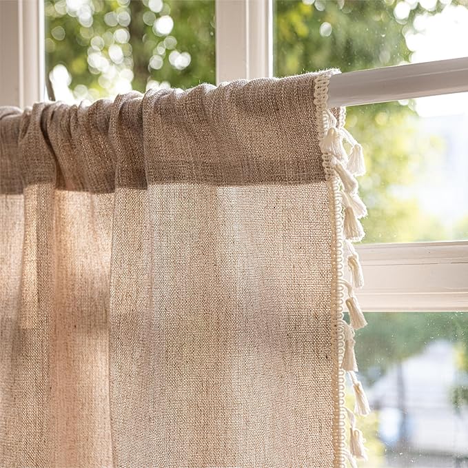 Sutuo Home Boho Curtains Valance 18 inch for Cafe Kitchen Doorway Closet, Short Sheer Farmhouse Chic Tassels Window Treatment Bohemian Embroidery Drape, Rod Pocket 1 Panel 52" W x 18" L, Coffee Linen