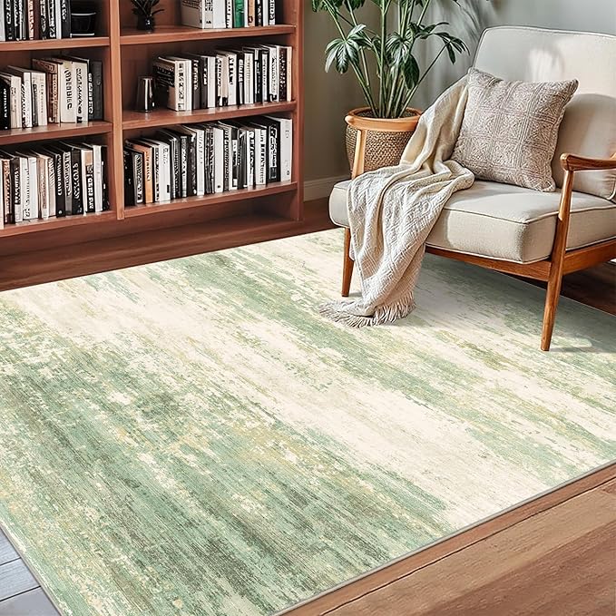 3x5 Modern Abstract Rug Washable Area Rugs for Living Room Bedroom Dining Room Non-Slip Low Pile Neutral Large Rug Soft Indoor Floor Carpet, Green