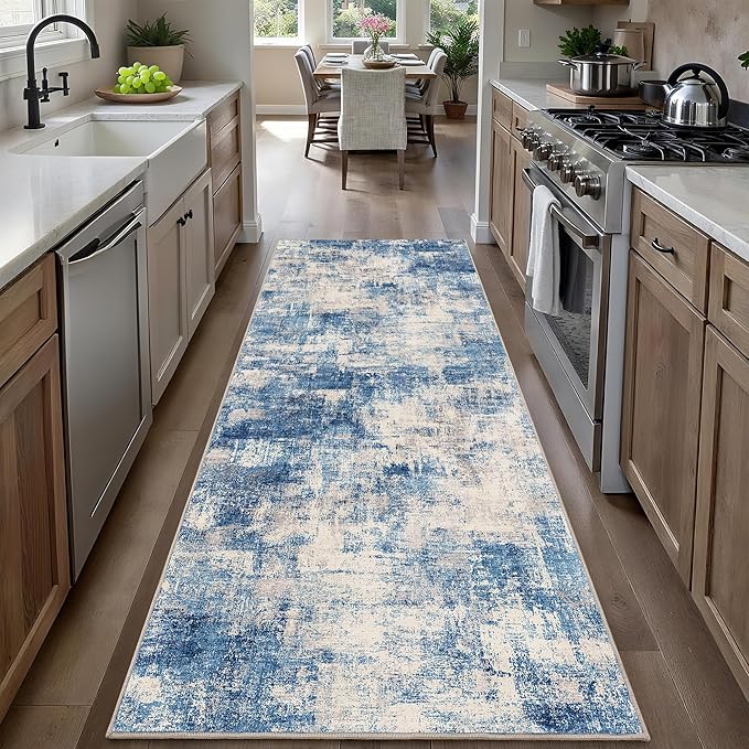 2x6 Modern Abstract Rug Washable Area Rugs for Living Room Bedroom Dining Room Non-Slip Low Pile Neutral Large Rug Soft Indoor Floor Carpet, Blue