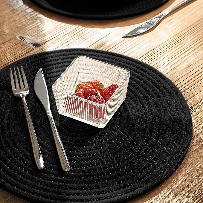 Art PineCone's Woven Cotton Rope Round Placemats Set of 4 with Holder Included, Non-Slip, and Heat Resistant Shabby Chic Placemats (Black, 13 inches, 6PC)