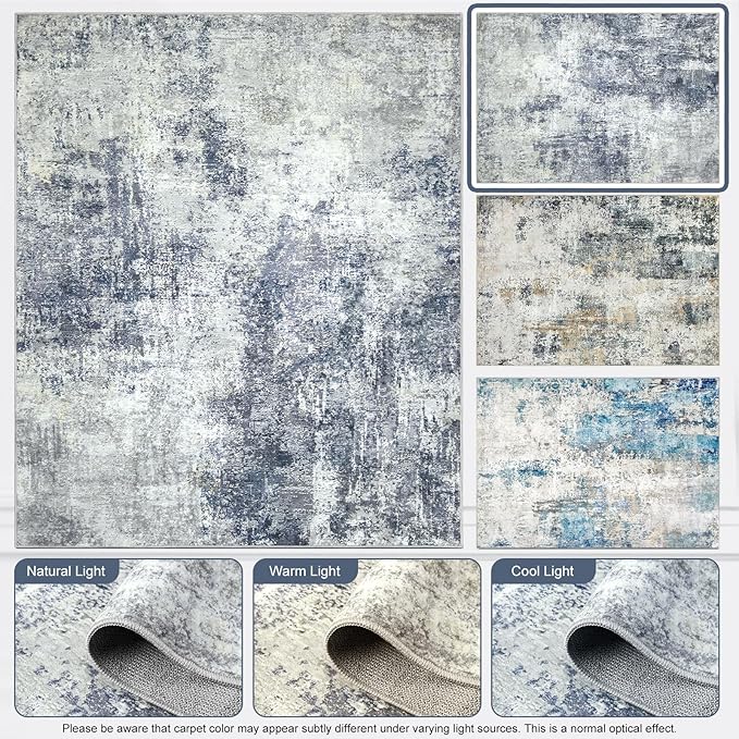 Washable Area Rugs for Living Room 9x12 - Large Neutral Modern Abstract Rug, Soft Low Pile Carpet with Non Slip Backing for Under Dining Room Table, Bedroom, Home, Office, Dorm - Indigo Gray