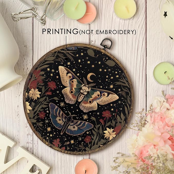 KFXHANGD Witchy Butterfly Moth Round Wall Art Framed, Gothic Wall Art, Boho Vintage Butterfly Canvas Wall Art Decor, Gothic Lunar Moth Hanging Wall Decor for Bedroom Living Room, 10x10inch
