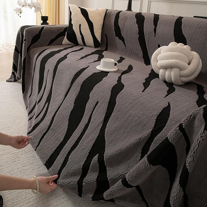 ROOMLIFE Striped Boho Gray Couch Cover for 2-3 Cushion Sofa, Fuzzy Plush Warm Sofa Slipcovers Sectional Sofas Covers, Non Slip Washable Furniture Protector Soft with Tassel,Winter 71''X134”