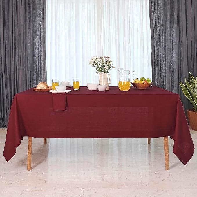 D'Moksha Homes Linen Tablecloth for Rectangle Tables 60 x 132 Inch - 100% Pure Linen Dark Red Table Cloth - Machine Washable Cloth Tablecloth for Fall, Thanksgiving, Christmas, Holiday