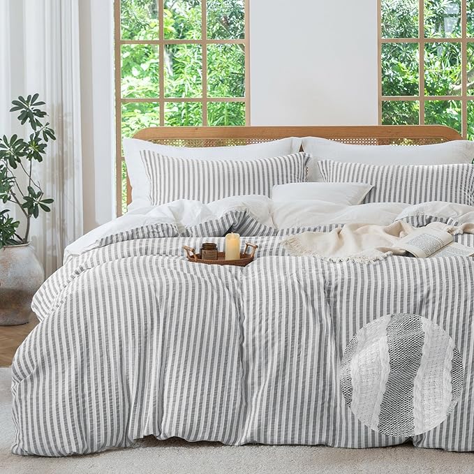 MILDLY Grey Striped Duvet Cover - 100% Washed Cotton Jacquard Boho Textured Comforter Cover 3pcs with Corner Ties Zipper Closure 90"x90"