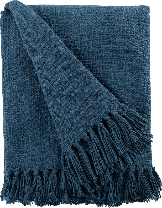 Sticky Toffee Woven Cotton Throw Blanket 60x50 in – Blue Navy Textured Blanket with Fringe for Couch or Bed, Thick and Durable Boho Decorative Throw