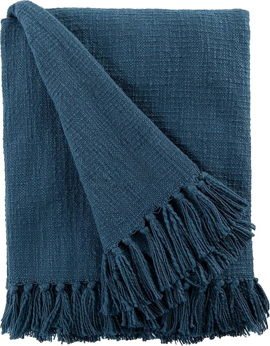 Sticky Toffee Woven Cotton Throw Blanket 60x50 in – Blue Navy Textured Blanket with Fringe for Couch or Bed, Thick and Durable Boho Decorative Throw