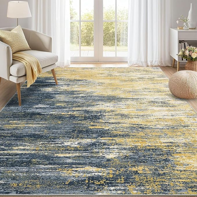 Modern Abstract Living Room Rug 8x10, Washable Area Rugs for Bedroom, Stain Resistant Non Slip Large Rug, Soft Indoor Carpet for Dining Room Table Home Decor, Yellow/Black