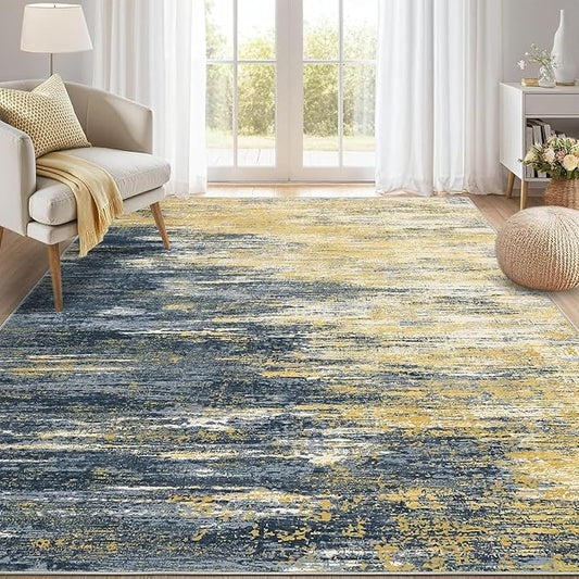 Washable Rug 9x12 Area Rug for Living Room, Non Slip Abstract Rug for Bedroom, Ultra Soft Area Rug, Low Pile Soft Contemporary Indoor Floor Carpet Cover, Yellow/Black