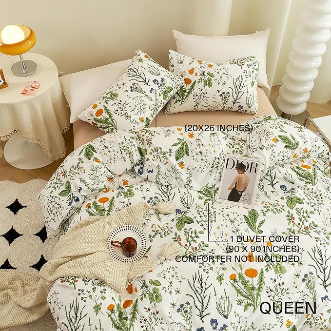 ECOCOTT Floral Duvet Cover Sets Queen Size,3 Pieces 100% Natural Cotton Floral Pattern 1 Duvet Cover with Zipper and 2 Pillowcases, Ultra Soft and Easy Care Breathable Cozy Simple Style Bedding Set