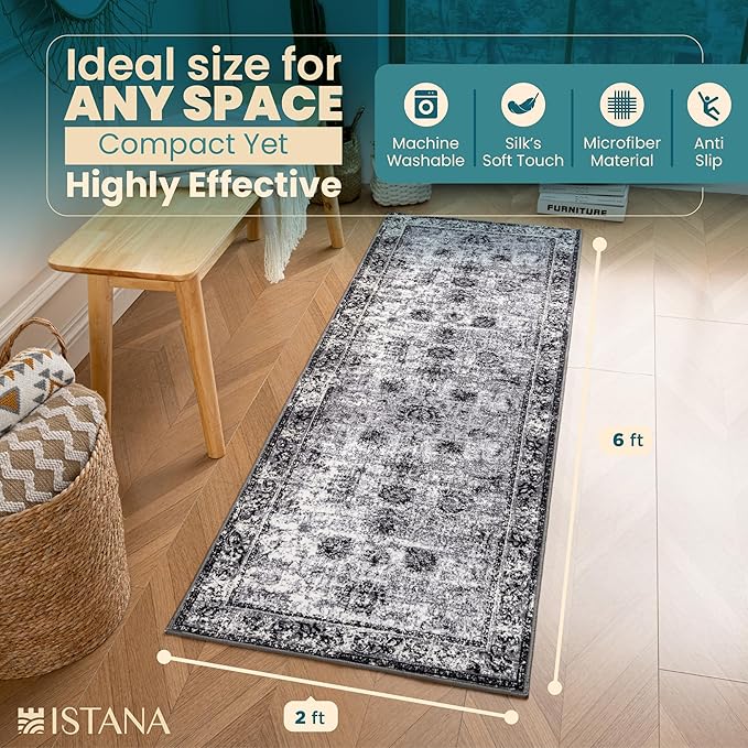 Istana Hallway Runner Rug 2x6 - Dark Grey Kitchen Rugs Non Slip Washable -Silk's Soft Touch Carpet Runner - Stylish Rug for Home