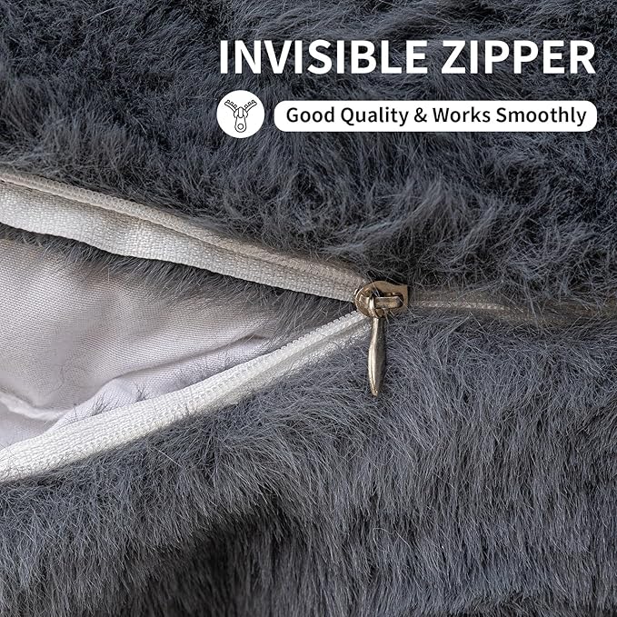 Faux Fur Throw Pillow Covers(Pack of Two, Dark Grey) 22×22 Inch Decorative Pillows Cover Neutral Soft Chenille Couch Pillows with Zipper Aesthetic for Living Room and Bedroom
