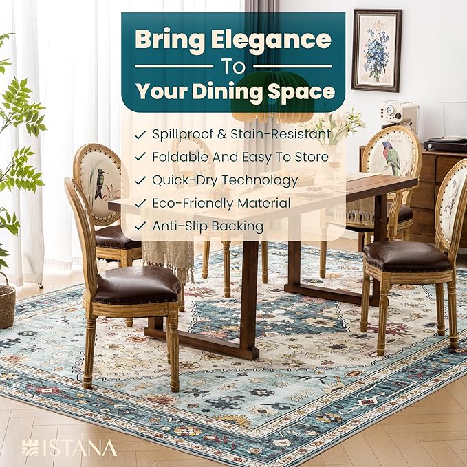 Istana Living Room Rug 10x14 - White Cream & Blue 10 x 14 Area Rug - Foldable Machine Washable Area Rugs 10x14 10x14 Area Rugs Boho - Stain Resistant Washable Rug 10x14