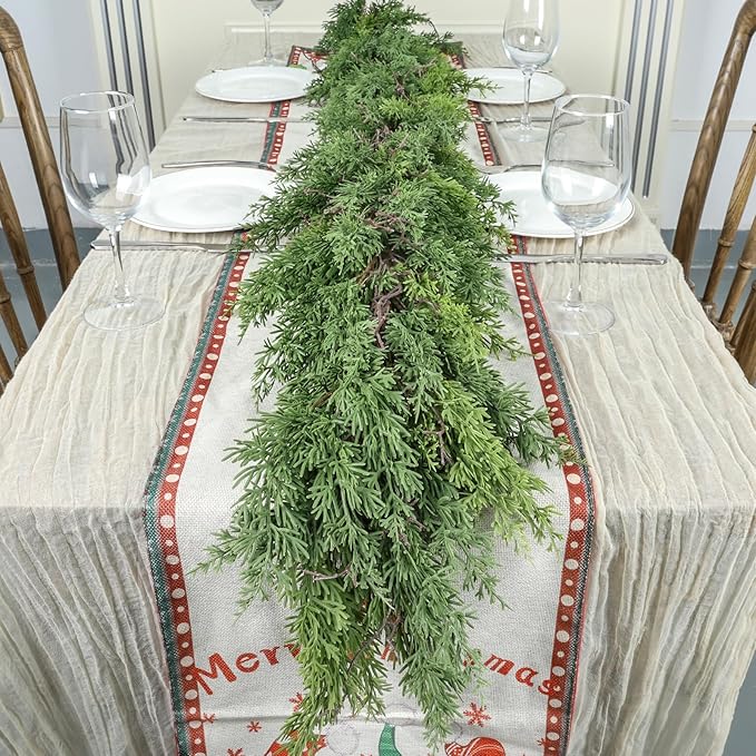 Artgar 9 Ft Christmas Cedar Garland - Realistic Greenery Cypress Garlands - Real Touch Artificial Pine Garland Christmas Decorations for Outdoor Home Dining Table Mantel Stair Porch Winter Xmas Decor