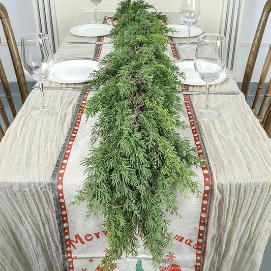 Artgar 9 Ft Christmas Cedar Garland - Realistic Greenery Cypress Garlands - Real Touch Artificial Pine Garland Christmas Decorations for Outdoor Home Dining Table Mantel Stair Porch Winter Xmas Decor