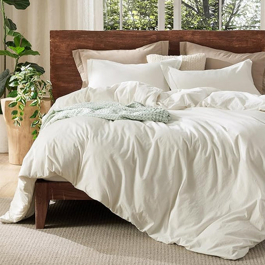 Bedsure 100% Washed Cotton Duvet Cover Full Size - Ivory Minimalist Cotton Duvet Cover Linen Like for All Seasons - GentleSoft™ Plain Simple Bedding, 3 Pieces (Ivory, Full, 80"x90")