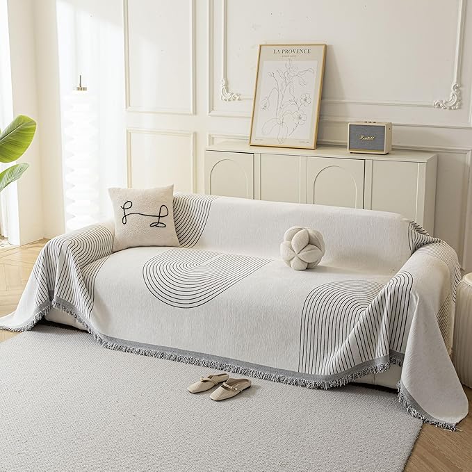 Couch Cover for Dogs, Boho Sofa Covers for 2 Cushion Couch, Chenille Sofa Slipcover for Pets Washable, L-Shape Sectional Couch Loveseat Cover Soft Throw Blankets with Tassels(71x102,Arc Grey)