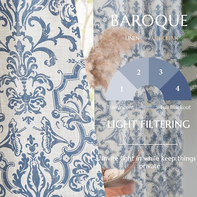 jinchan Curtains for Bedroom, Light Filtering 63 Inch Length 2 Panels Set, Baroque Style Linen Blend Drapes Living Room, Vintage Damask Window Treatments, Grommet Top Slate Blue on Flax, W52 X L63