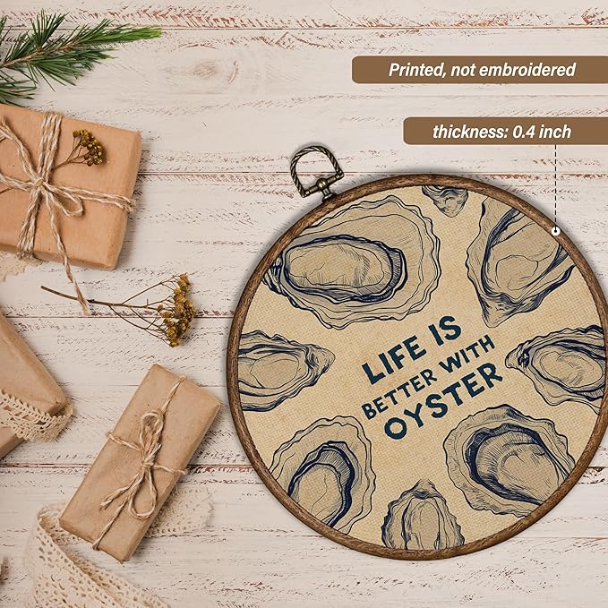 XBBMGG Coastal Oyster Wall Art Decor, Vintage Ocean Life is Better with Oyster Round Wall Hanging Decor, Nautical Beach Seashell Framed Canvas Prints for Living Room Bathroom Decorations, 10x10inch