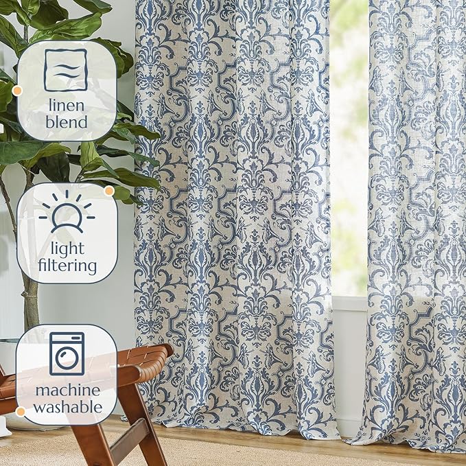 jinchan Curtains for Bedroom, Light Filtering 96 Inch Length 2 Panels Set, Baroque Style Linen Blend Drapes Living Room, Vintage Damask Window Treatments, Grommet Top Slate Blue on Flax, W52 X L96