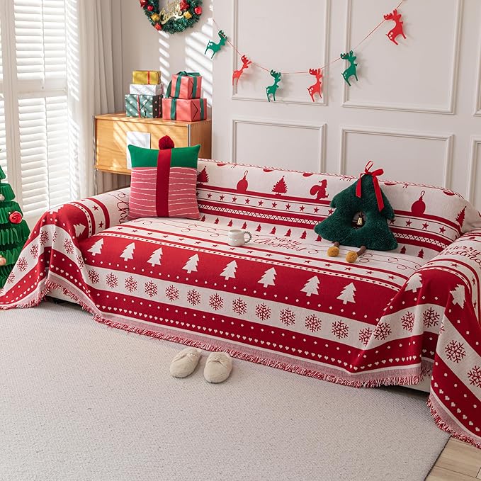 Christmas Couch Cover, Red Sofa Covers for 3 Cushion Couch, L Shape Sectional Protector for Dogs Washable, Reversible Throw Blanket Slipcover, Christmas Chair Decorations Gifts(71"x118", Red)