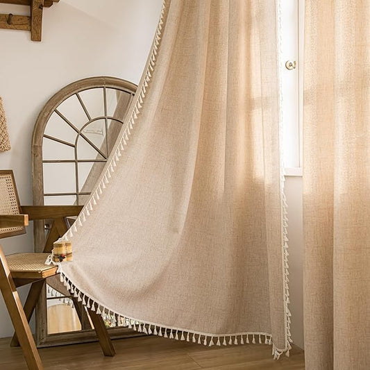 Sutuo Home Boho Curtains 63 Inches Long, Bohemian Linen Style Textured Curtains with Tassels for Living Room, Semi Blackout Farmhouse Drapes, Rod Pocket Window Treatments 2 Panels, 52" x 63", Coffee