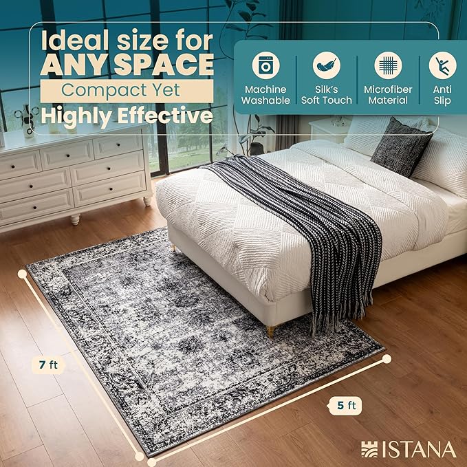 Istana 5x7 Area Rug - Dark Grey Rugs for Living Room 5x7 - Foldable Rugs for Bedroom - Stain Resistant Washable Rug - Eco-Friendly Boho Area Rugs - Easy to Clean Living Room Rug