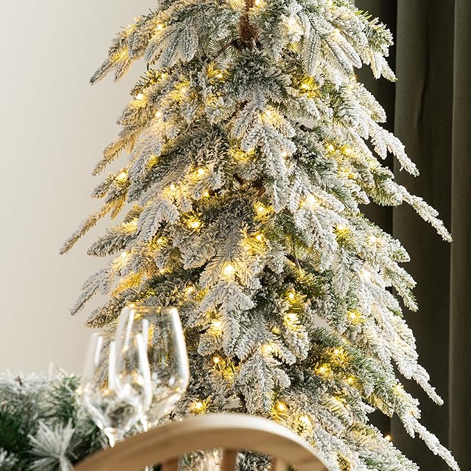 Glitzhome 7.5ft Prelit Christmas Tree, Artificial Christmas Tree with 350 Warm White Lights, Flocked Pencil Christmas Trees Chicago Frostwood Spruce with 1211 PE&PVC Branch Tips,Sturdy Metal Stand