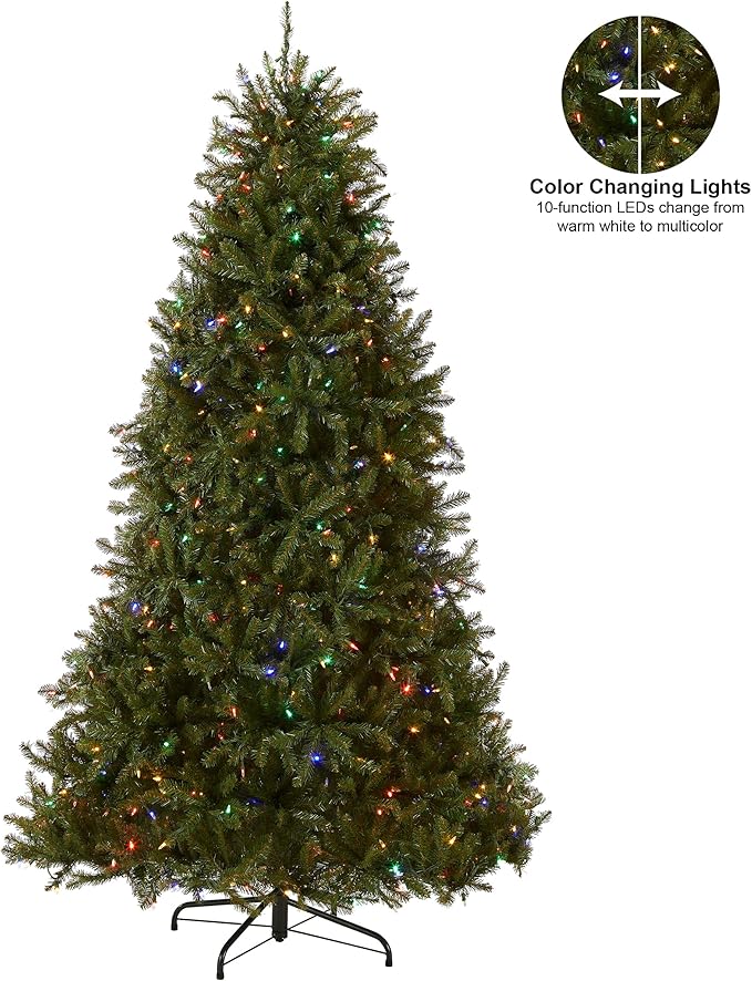 National Tree Company 7 ft Pre-Lit Dunhill Fir Artificial Christmas Tree, 650 LED Lights, 2,144 Tips, PowerConnect, Foot Pedal, 10 Light Functions, Includes Stand, Green