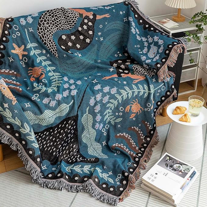 VClife Cute Couch Cover Sofa Covers for Dog, Non Slip Couch Covers for 3 Cushion Couch Sofa, Sea Fish Shark Mermaid Pattern Couch Slipcover for 3 Seater, Soft Cotton Linen Sofa Protector, 71"X150"