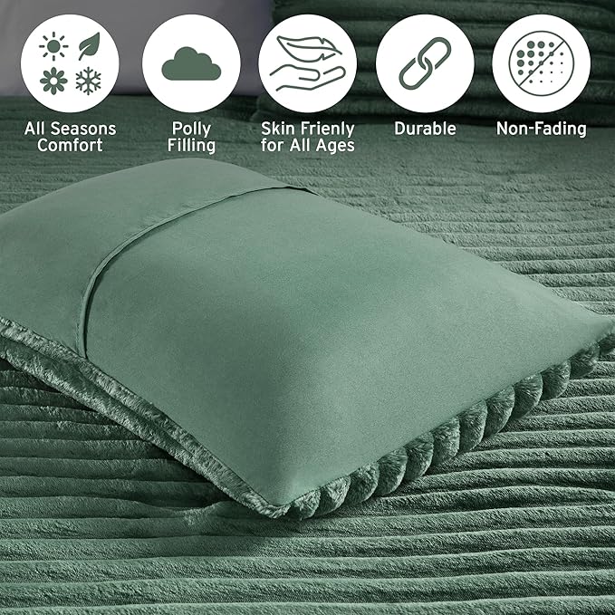 Intelligent Design Twin Comforter Set, Cozy Plush Bedding, Microfiber Reverse, 2 Piece, Lightweight, Super Soft Ribbed Velvet Comforter 1 Sham, All Season Fluffy Bed Set, Avril, Twin/Twin XL Green