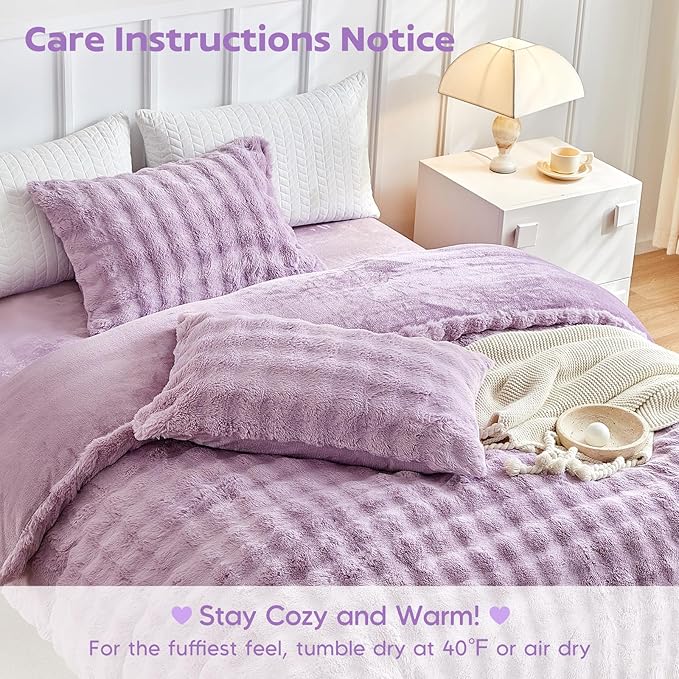 Tokokimo Fluffy Fleece King Size Duvet Cover Set, Ultra Soft Reversible Heavyweight Bedding Set, Extra Warm Winter Duvet Cover Set with 2 Pillow Cases, All Season Fuzzy Comforter Cover Set, Purple