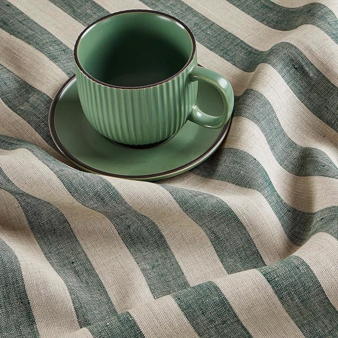 Solino Home Linen Tablecloth 52 x 52 Inch - Sorrento Stripe, 100% Pure Linen Hunter Green and Natural Square Tablecloth - Machine Washable Table Throw for Fall, Autumn, Thanksgiving, Christmas, Winter