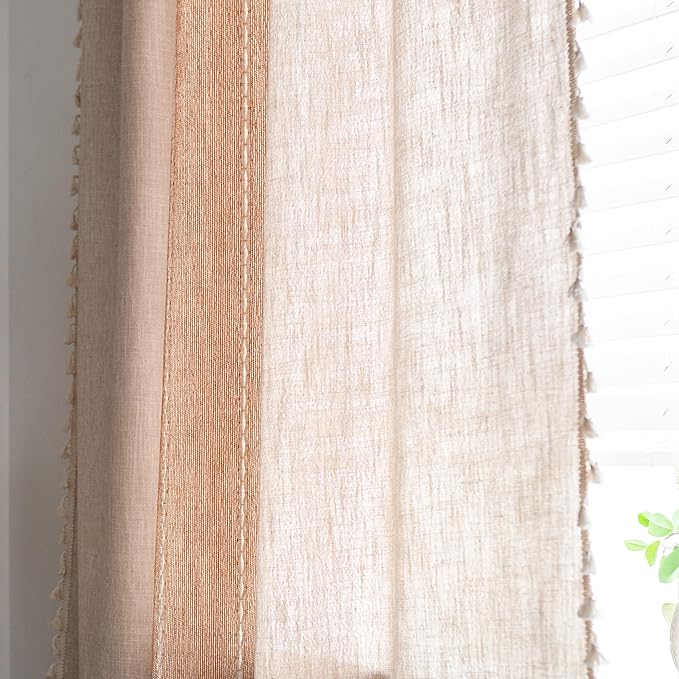 Sutuo Home Boho Curtains 108 inch for Living Room Balcony, Semi Blackout Linen Farmhouse Shabby Chic Tassel Window Treatment Bohemian Embroidery Drape, Rod Pocket 1 Panel 52" W x 108" L, Coffee Linen