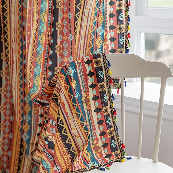 Boho Curtains Geometric Light Filtering Semi-Blackout Window Curtains 72 Inches Long Rod Pocket Drapes for Living Room 2 Panels-Vintage Red