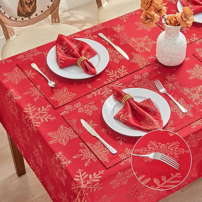 Rectangle Fancy Metallic Sparkling Snowflake Christmas Fabric Table Cloth red Hunter Gold Navy White Silver No-Iron Soil Resistant Woven Holiday Table Cover(Red Gold/60x104Inch)